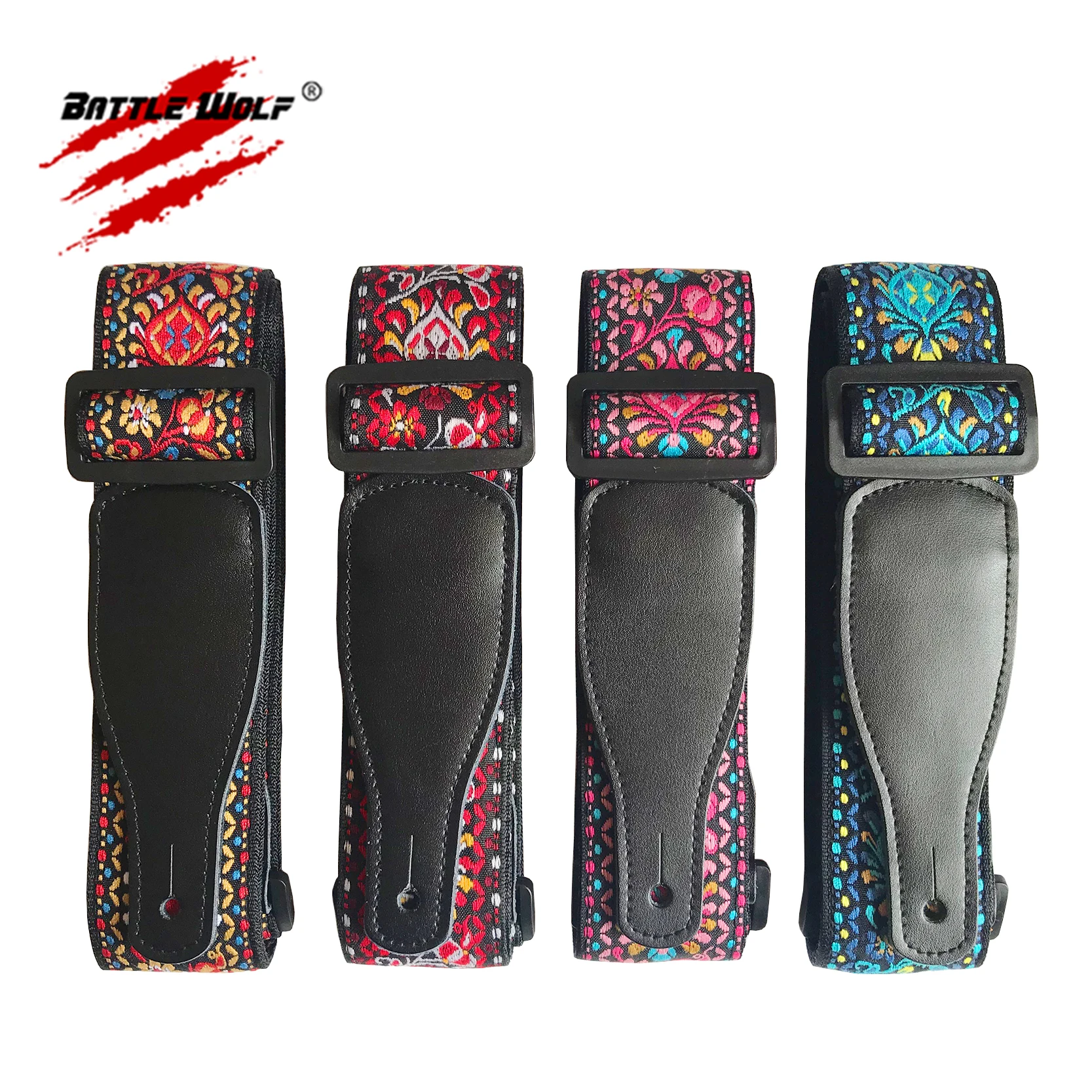 Wholesale Woven Jacquard Weave Different Style Wear Resisting Real Leather Ends Strap for Guitar Strap