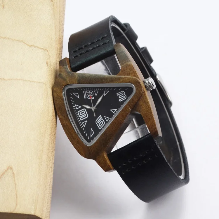 China wooden watch women luminous needles black triangle mens watches