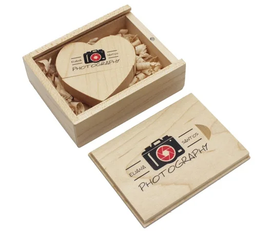 Heart Shape Printing Wedding Pattern Wooden Custom Usb Stick with Wooden Box Pendrive
