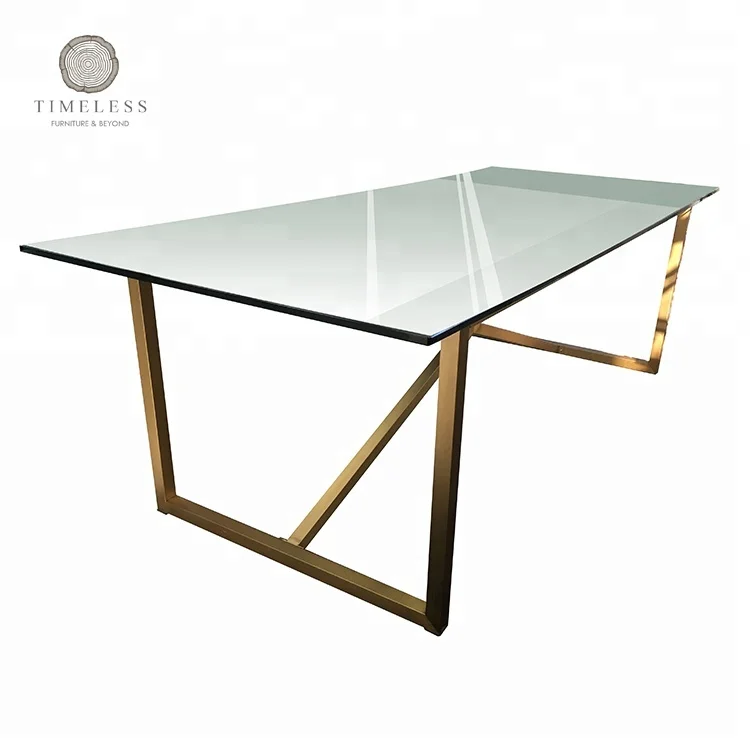 Популярный простой Прямоугольный Обеденный стол из нержавеющей стали с покрытием из матового золота и закаленным стеклом
