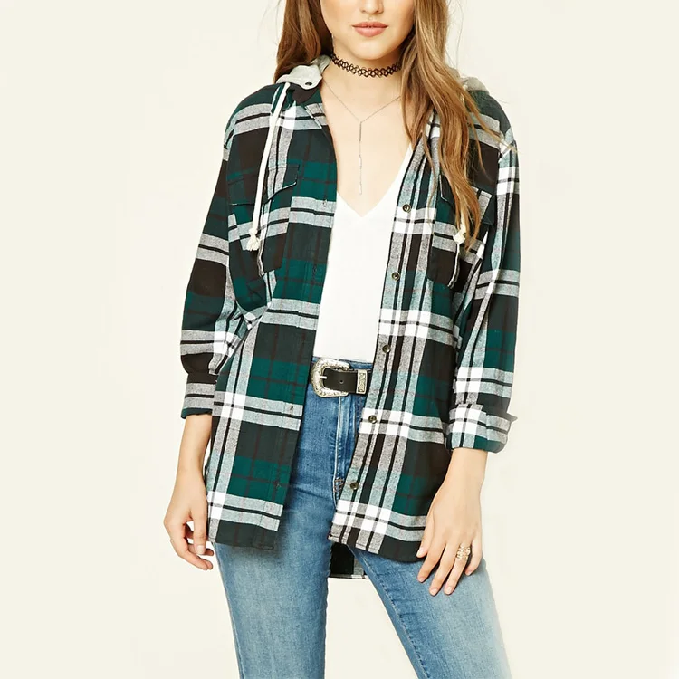 guangzhou manufacturers women clothing cheap ladies casual hooded shirts long sleeve blouse plaid flannel shirts for women
