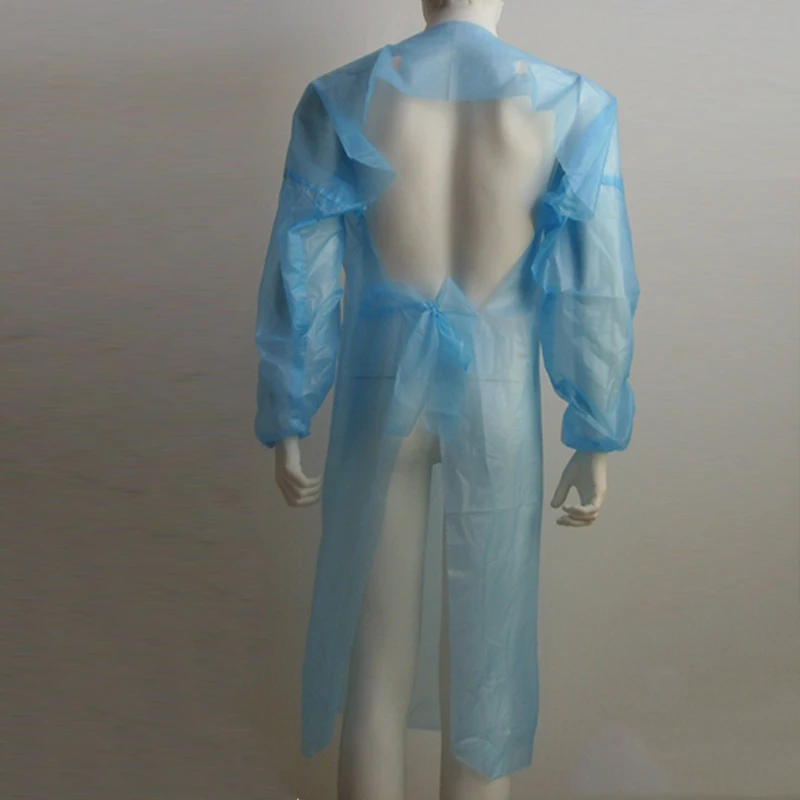 Blue & White disposable waterproof Plastic patient cpe gown with rubber rolled cuff Available in standard and reinforced