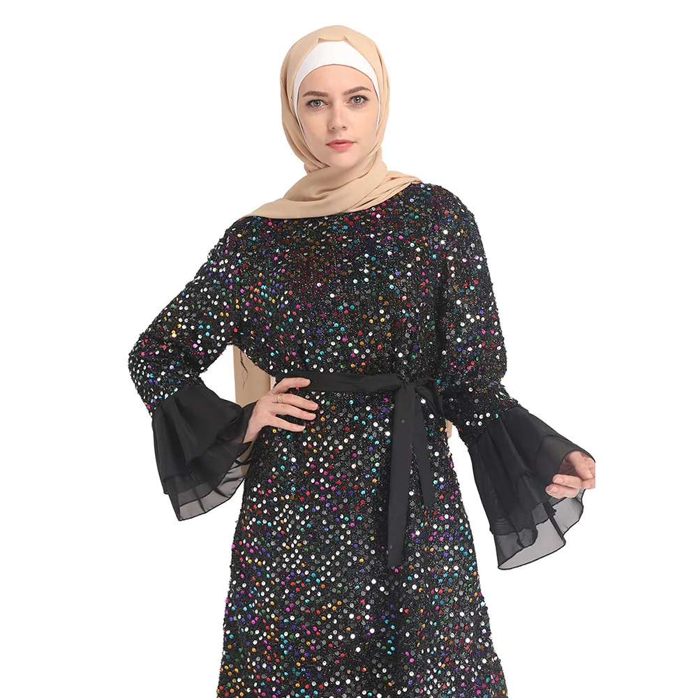 New Arrivals Eid Ramadan Dubai Muslim Women Elegant Long Sleeve Islamic Maxi Dress With sequins Abaya