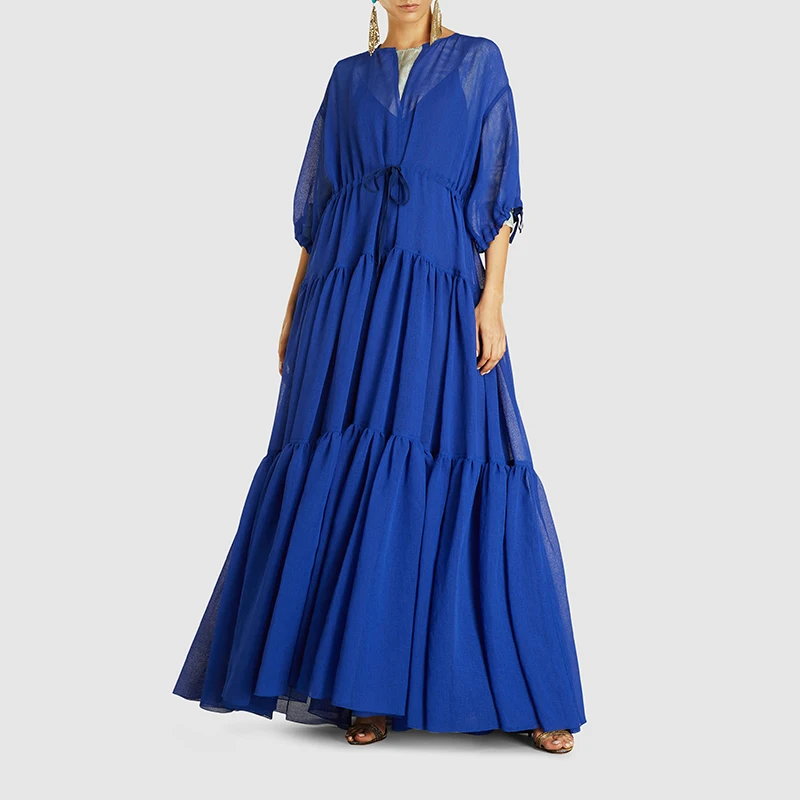 
Custom Wholesale Women Royal Blue Short Sleeve Organza Long Maxi Dress 