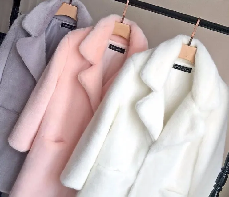 Новая стильная розовая пушистая длинная шуба из искусственного меха норки с большим воротником лацканами для женщин розовый серый белый