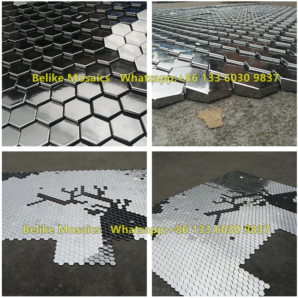 Hexagon Metallic Ceramic Mosaic Tile 3D Wall Mural Parquet Deer Pattern Floral Accent Wall Luxury Home Decor Splendid Design