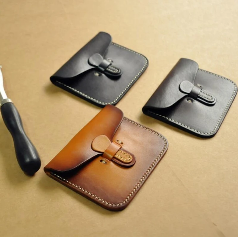 
Dreamtop DTF267 vegetable tanned leather coin pouch credit business card case mens women vintage card holder wallet 