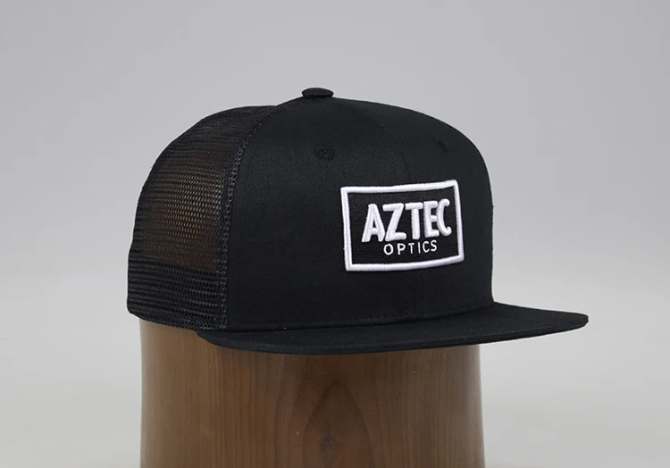
Alegria High Quality Black Flat Brim Custom Embroidery Patch Mesh Snapback Trucker Cap 