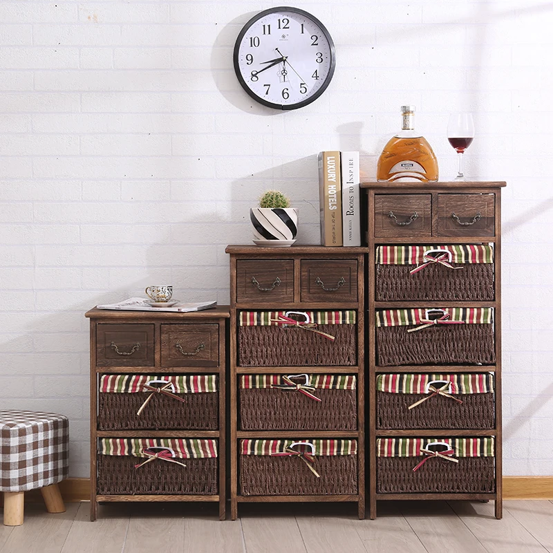 Brown Retro Shabby Chic Cabinet Storage 4 Drawers Wicker Baskets