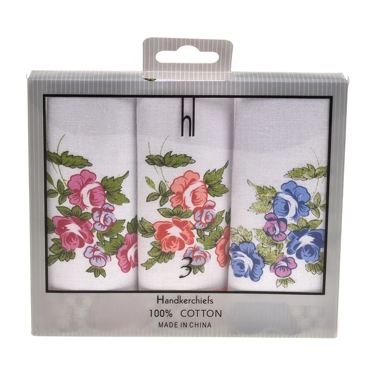 Custom Design Bulk Scalloped Edge Ladies Floral Printing Cotton Handkerchief