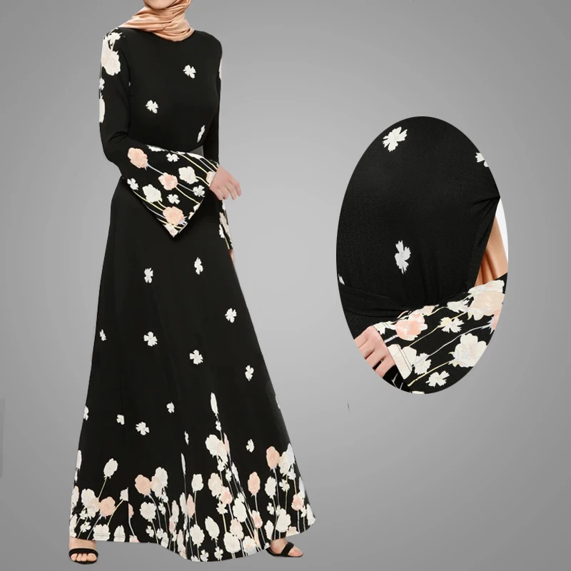 Ethnic Hijab Islamic Product Clothing Latest Style Muslim Print Floral Dress Beautiful Belt Elegant Abaya Simple For Dubai Women
