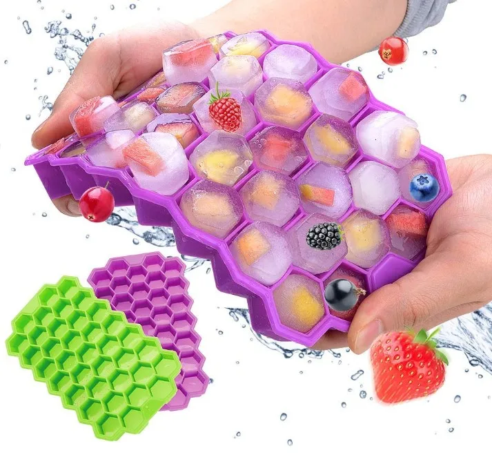 Best Selling Flexible Durable BPA Free 37 Cavities Honeycomb Shaped Silicone Ice Cube Trays with Lid