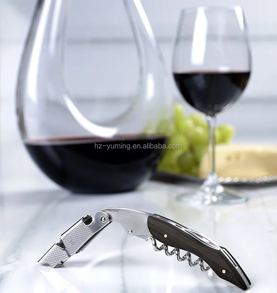 Amazon hot selling custom logo wooden handle wine corkscrew wine opener