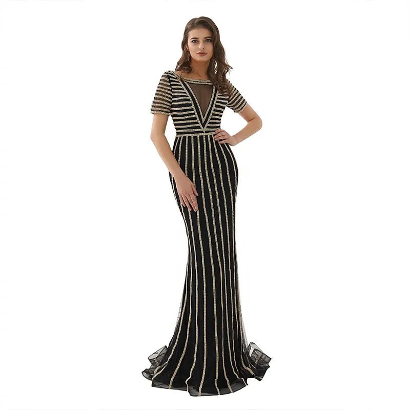 Simple Beading Mermaid Long Evening Dresses Mother Of Groom Dress with Sheer V-neck and Short Sleeve