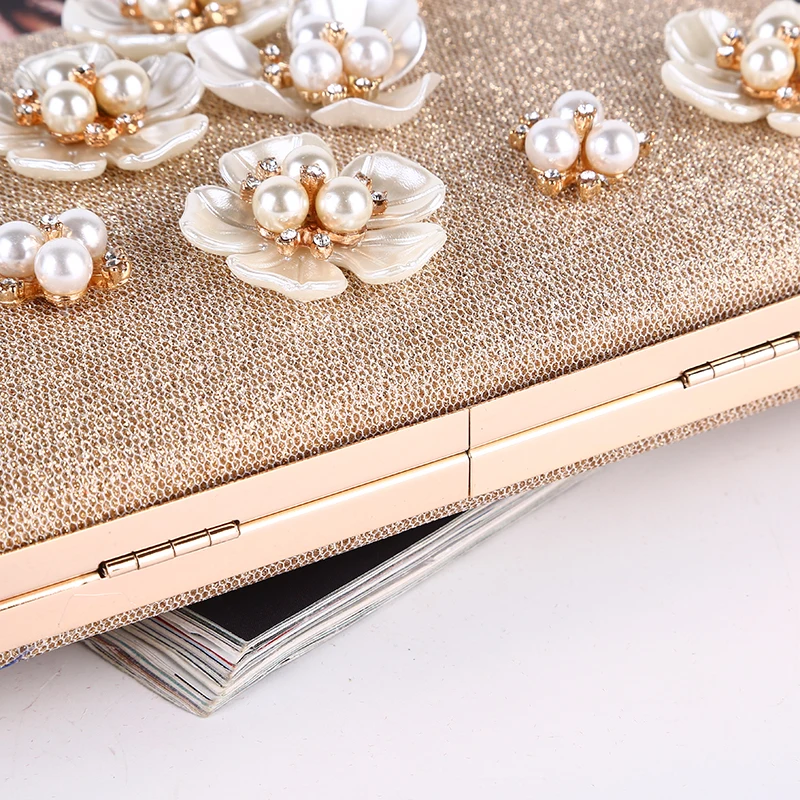Factory direct wholesale pretty floriation shining fabric wedding party prom champagne ladies clutch bag with good quality
