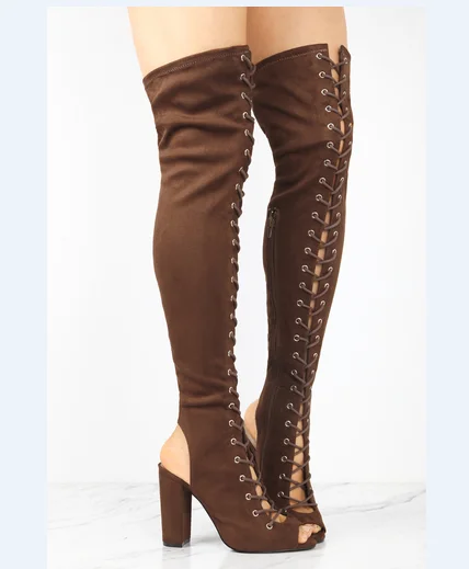 
Fashion style 2017new design women Thigh High Open Peep Toe Chunky Heel lace up long boots chengdu shoes 