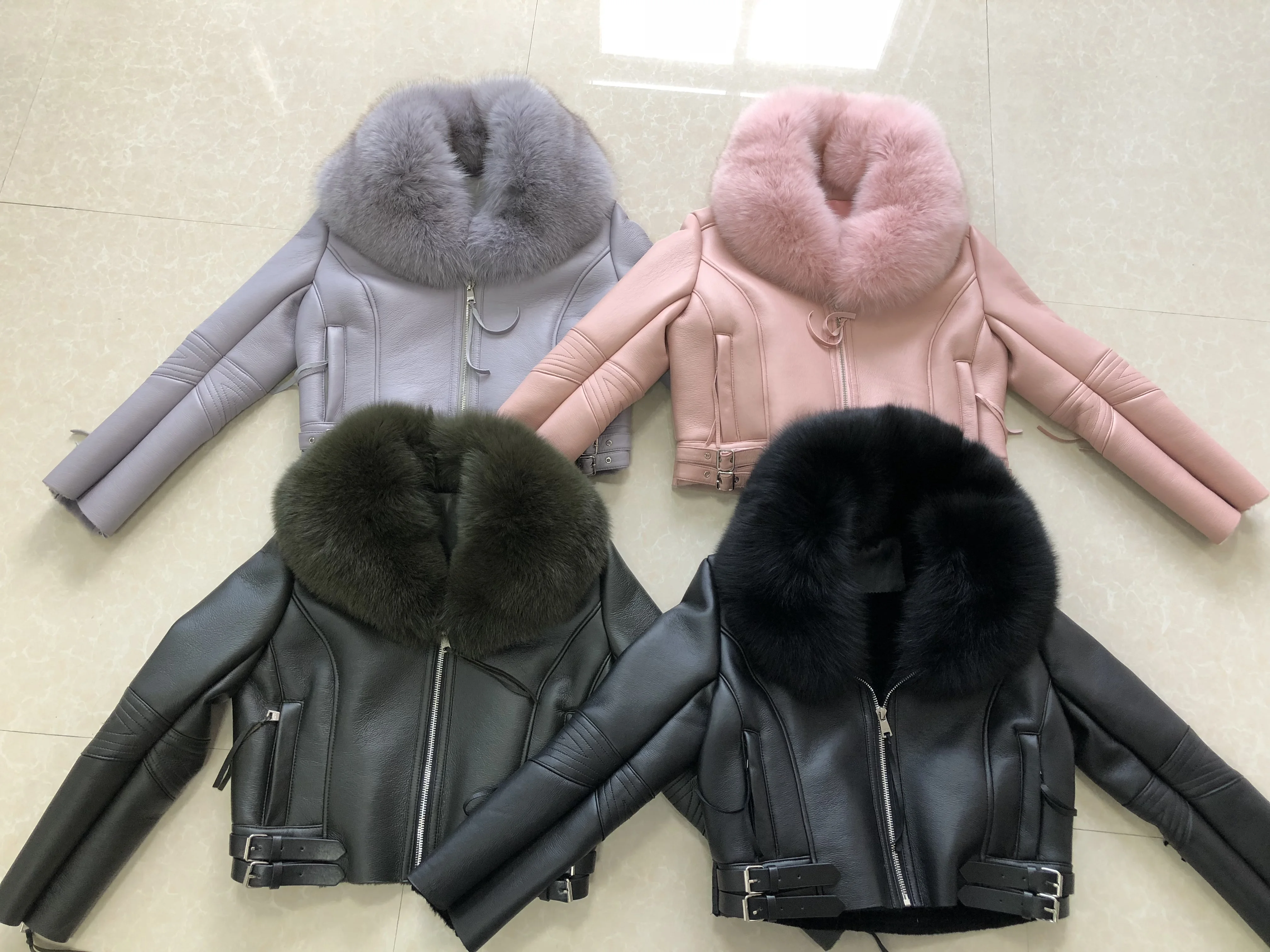 Girls short fur coat double faced real fox fur collars coat sheepskin leather jacket