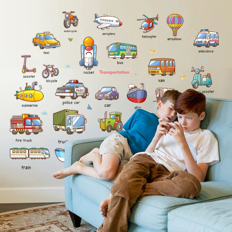 Kids Cartoon Mixed  Learning English Name Way of Transport Cars/Plane/Ship/Truck/Bus Children Kids Room Decoration Sticker