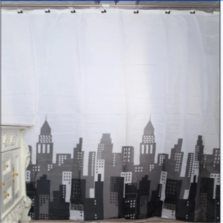 Black with White Printing New York City Style Polyester Shower Curtain with C hooks Set of 13