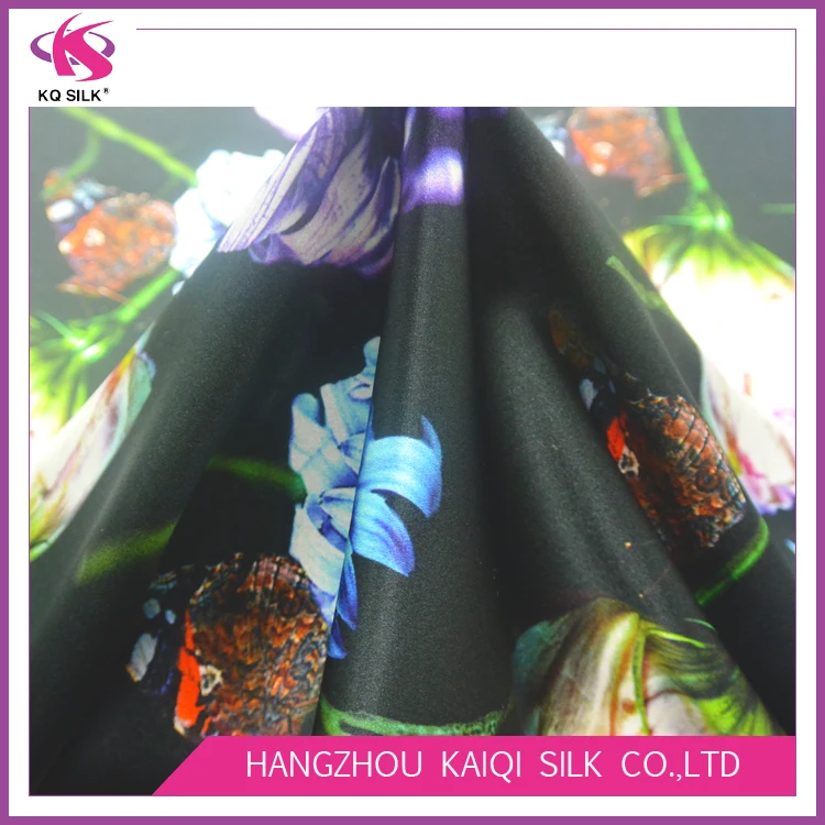 
Hot Sale Silk Satin Fabric Wholesale Butterfly Floral Digital Printing Fabric Black Silk Satin for Dress Scarf 