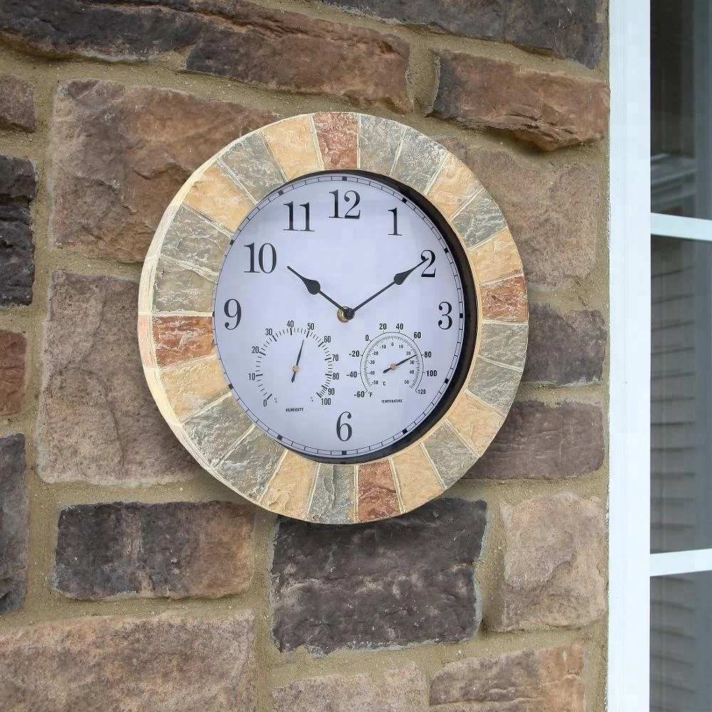14 inch Faux Stone Outdoor garden Wall Clock with thermometer and HYGROMETER