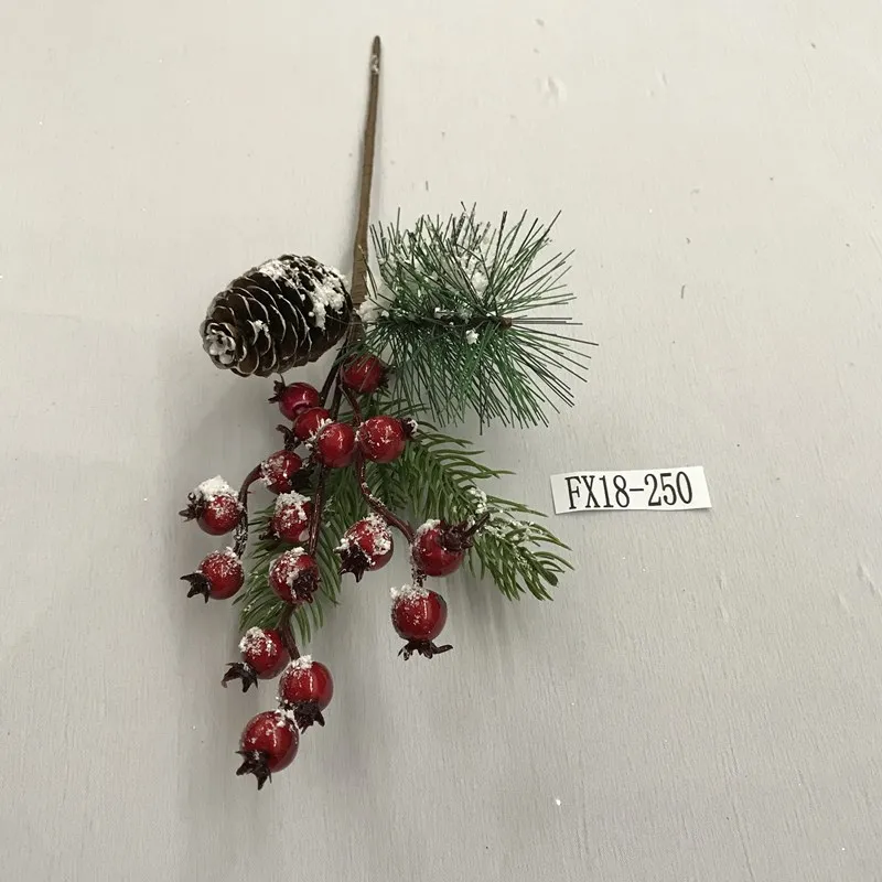 snowy Christmas floral picks with red berry and pine cone