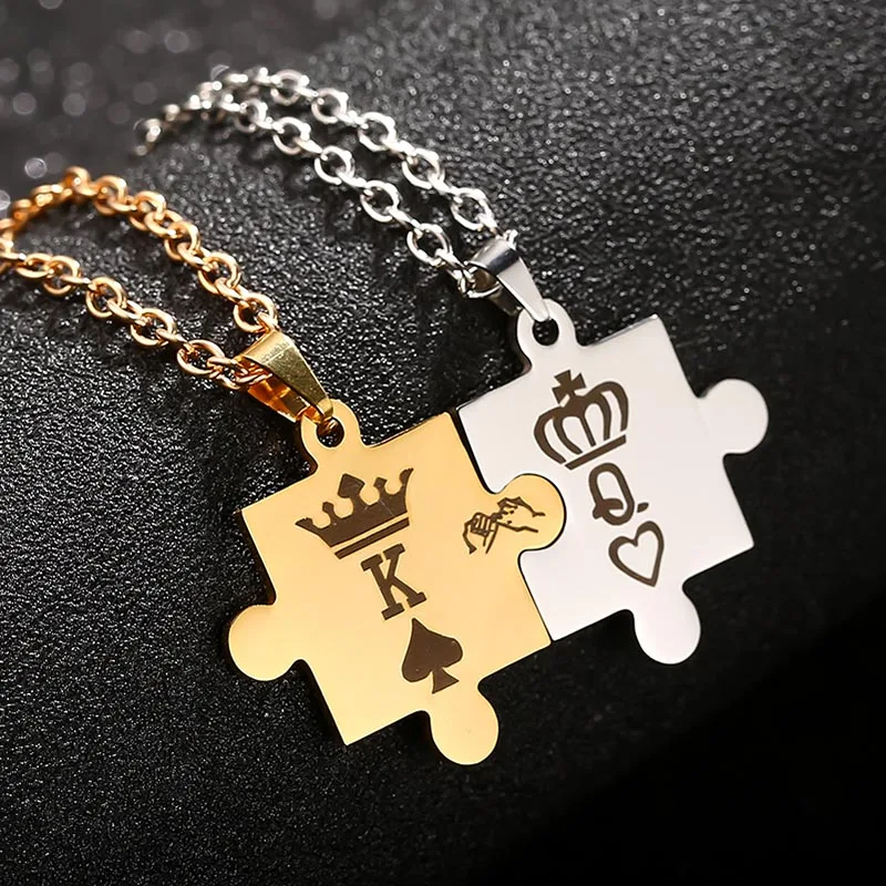 Letters Couple Pendant with Crown Stainless Steel Pendant King Queen Necklace