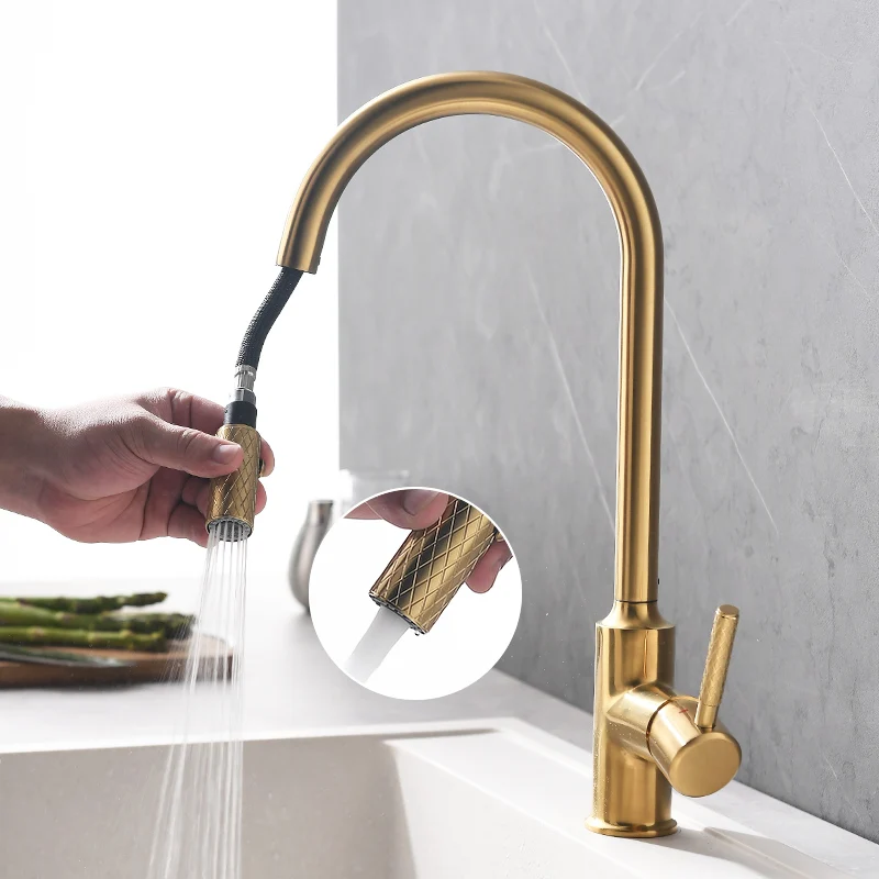 Luxury Single Handle Kitchen Faucet Sprayer Gold Kitchen Faucet Brass Modern Contemporary Ceramic Sinks Kitchen with Pull Down
