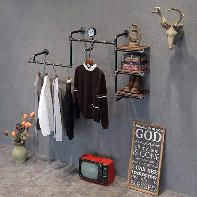 Industrial Retro Pipe Hung Clothing Rack Multi-function Wall Mounted Clothes Store Display Rack