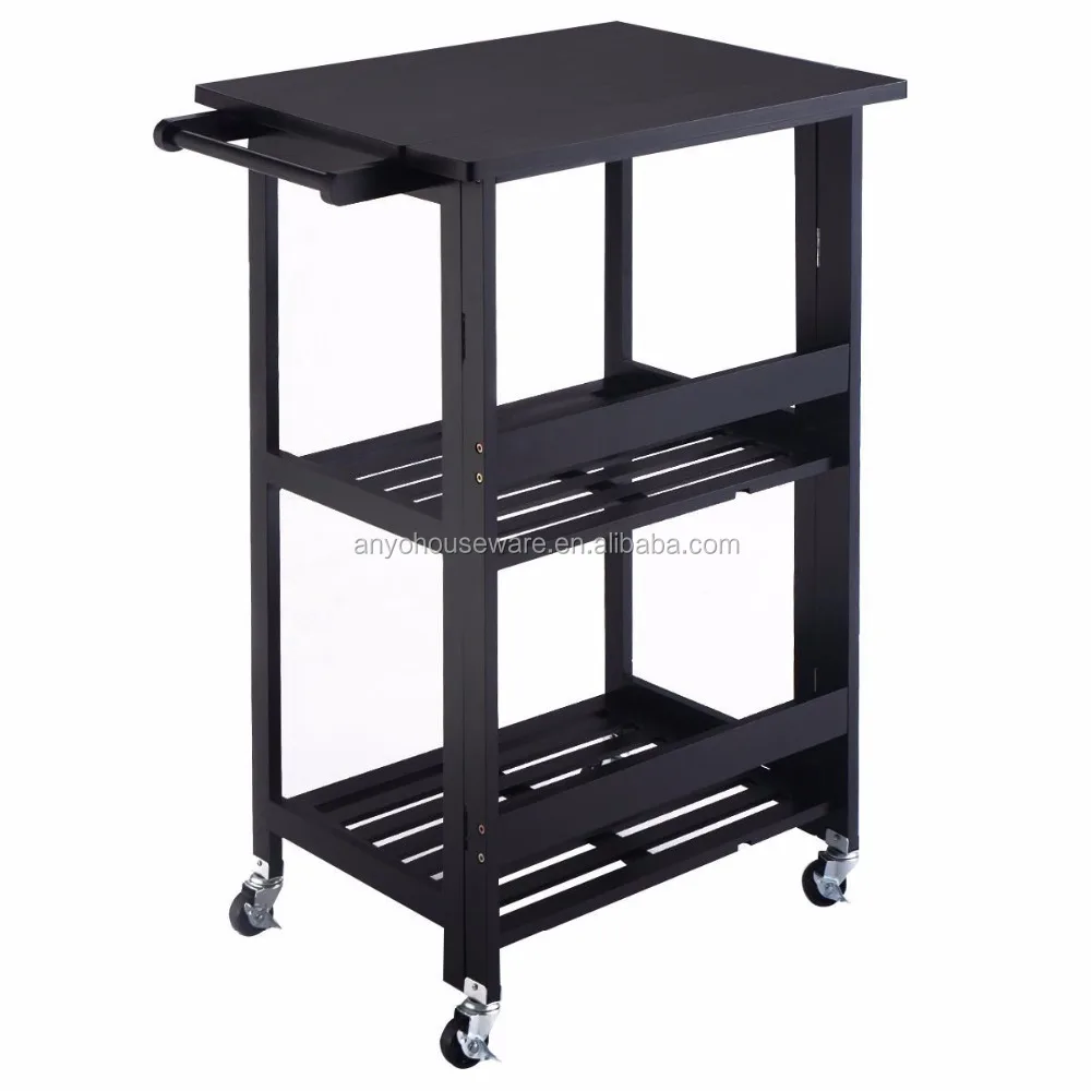 Folding modern black wooden kitchen trolley cart