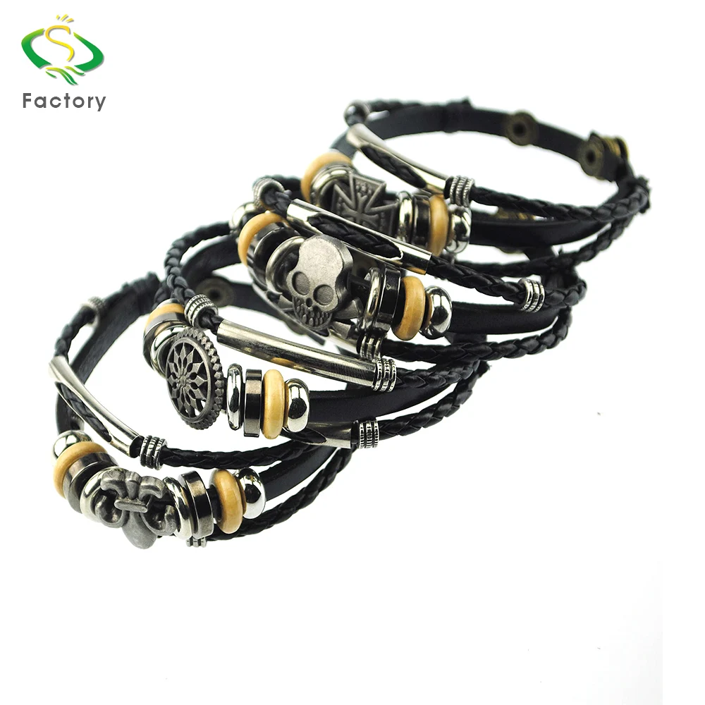 Cheap Wholesale Mens Punk Anchor wristband Skull Charms Leather Wrap fashion Men Bracelet leather