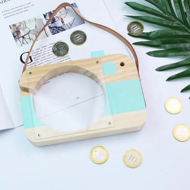Wood Crafts Clear Camera Shape Piggy Bank Wooden Kids Room Decoration Money Saving Box
