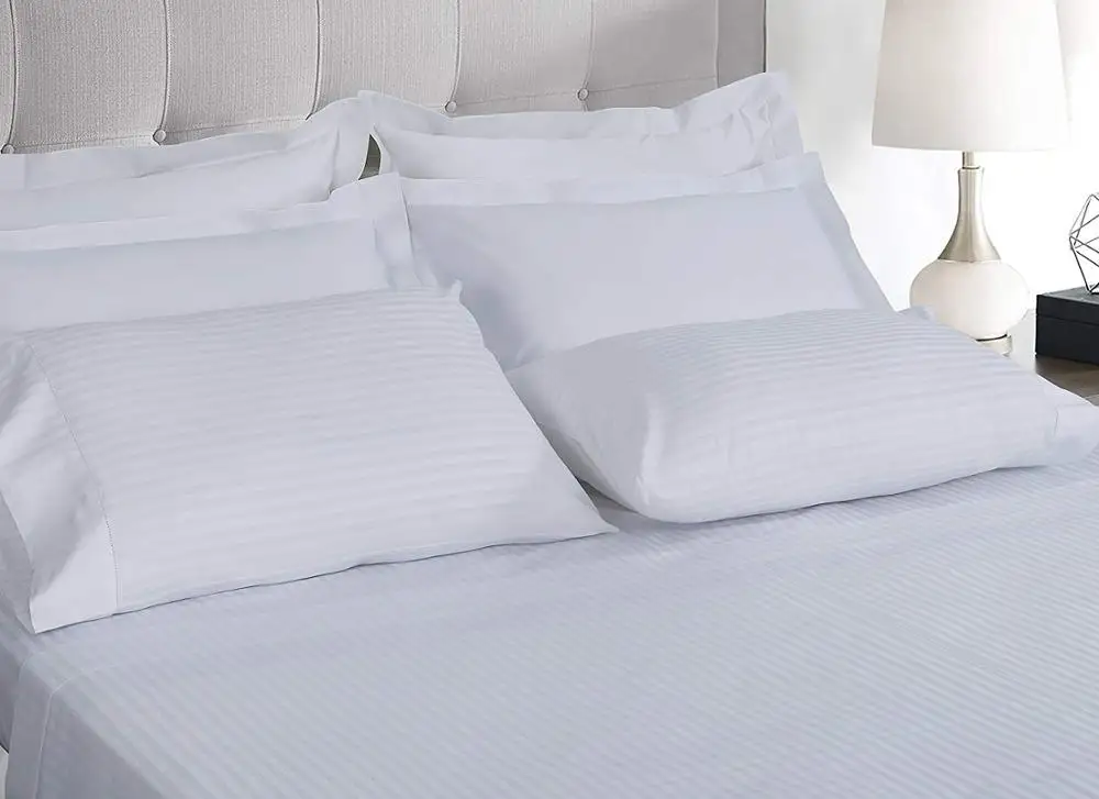 Home Linen 600 Thread Count 100% Cotton Sheets, 1CM Damask Stripe White Queen Sheets 4 Piece ELS Cotton Bed Sheet Set