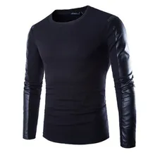 Fashion Casual Men 2015 black PU Leather Spliced O-neck sweater shirts PU Leather Long sleeve men’s pullovers sweater M-2XL