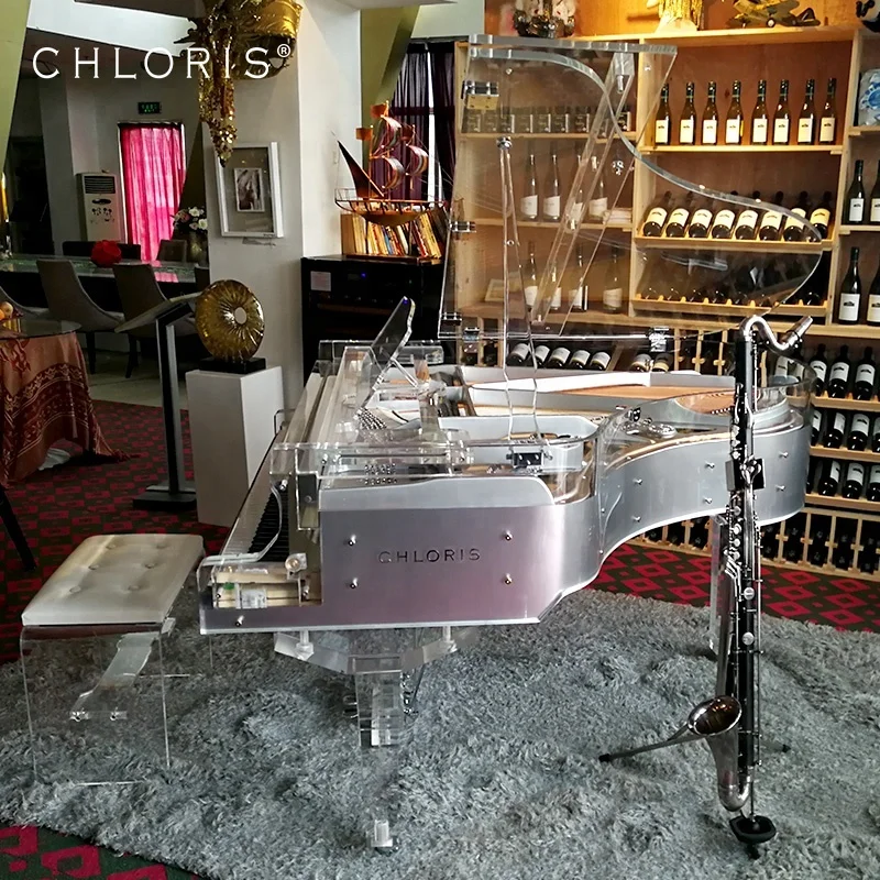 
Custom Silver Clear Acrylic Baby Grand Piano with flight case Chloris HG-168A for sale Crystal piano 