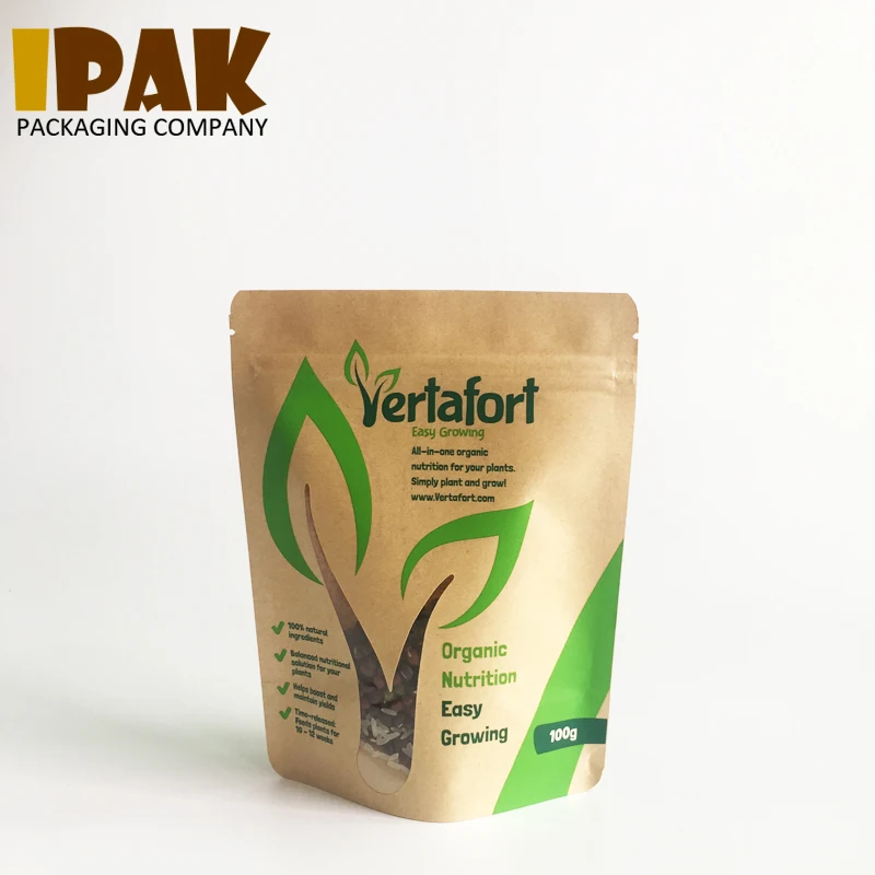 Wholesale 100% recycled laminated kraft paper mylar zipper window stand up bags for food packaging