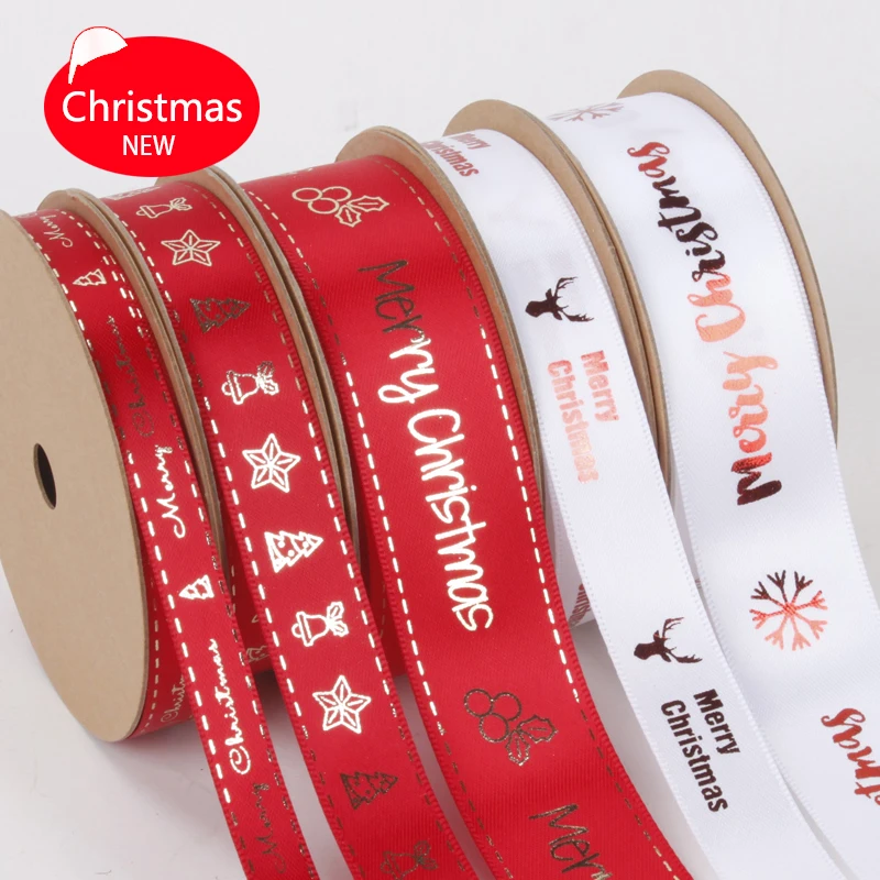 
 Оптовая продажа, роскошная белая и красная атласная лента с принтом «Merry Christmas»  