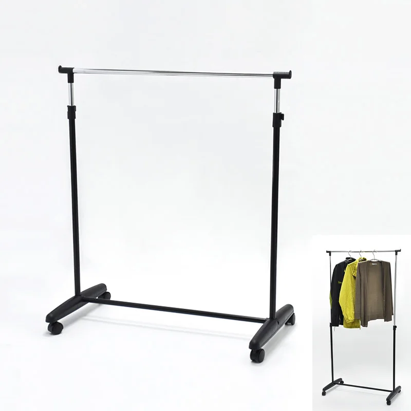 Elegant Singular Black Metal Bar Four Wheel Clothes Display Rack