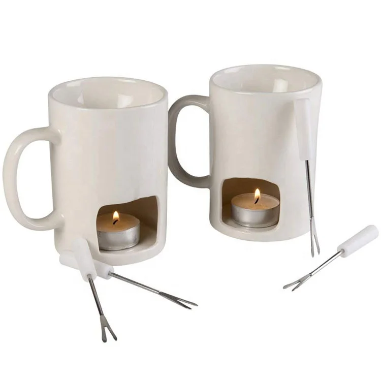 Pack 6 White Ceramic Fondue Mugs Set, 2 Mugs with 4 Forksm, Butter and Chocolate Warmer