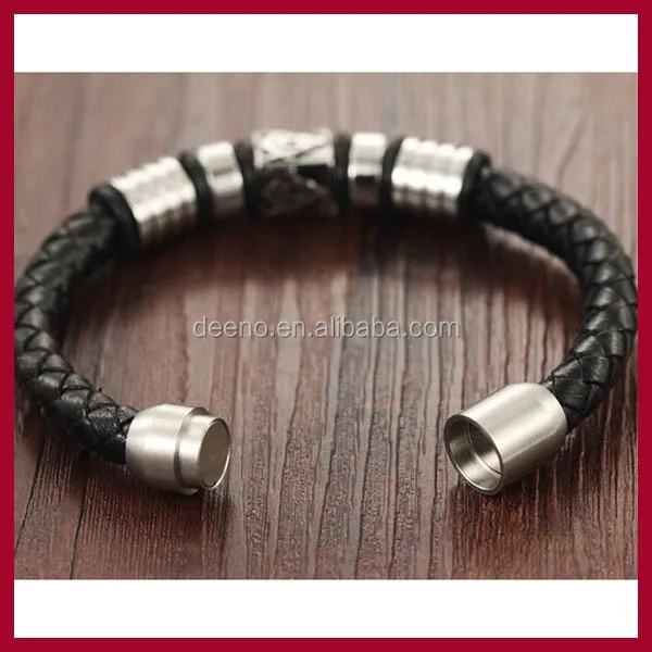 Masonic Style Braided Leather Bracelet Stainless Steel Masonic Charm Bracelet With Magnetic Clasp Masonic Bracelet