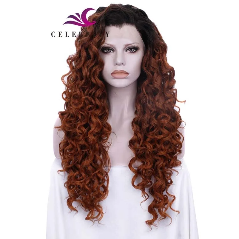 Free sample Wholesale black price Natural Brown Color Medium Kinky Curly ombre long Synthetic Hair Lace Front Wigs for women
