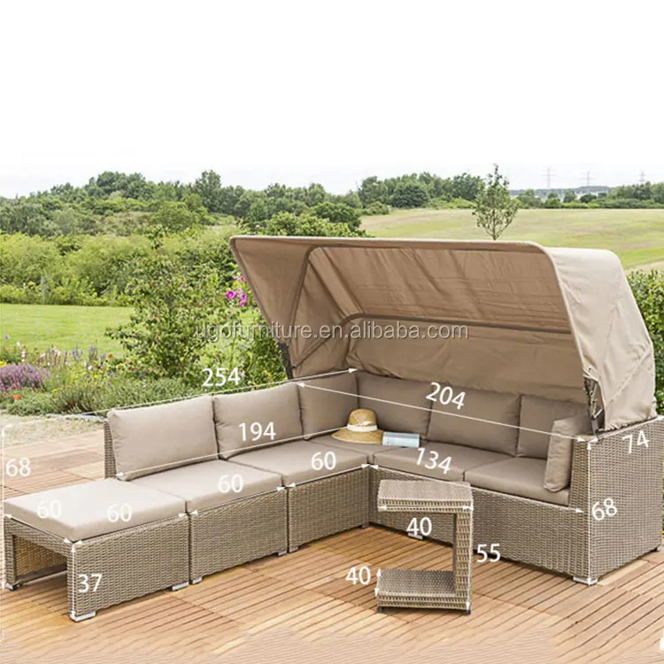 Luxury hotel outdoor leisure furniture garden lounge suite rattan sofa with awning