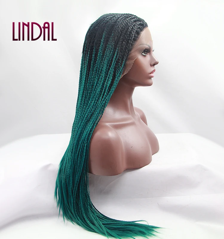 LINDAL synthetic heat resistant fiber dreadlocks ombre green braided wigs lace front wig fake scalp wig for women