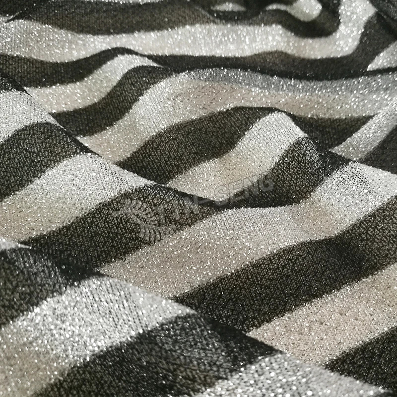 60g Polyester Knit Fabric , Black and White Classic Lurex Stripe Mesh , See Through Glitter Mesh Fabric for Dress