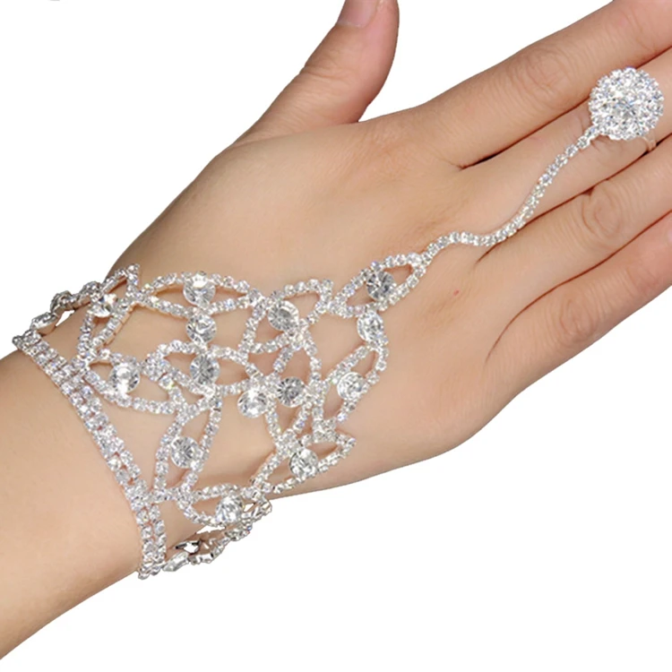 Wholesale Exotic Latest Eyes Shape Design Bridal Jewelry Luxury Pave Crystal Hand Chain Bracelet With Ring Attached