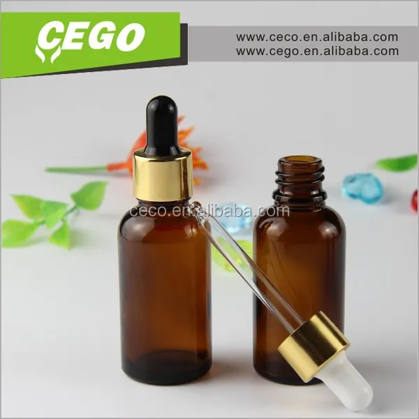 In stock! trade assurance 30 ml amber essential oil glass bottle with dropper and aluminium gold cap