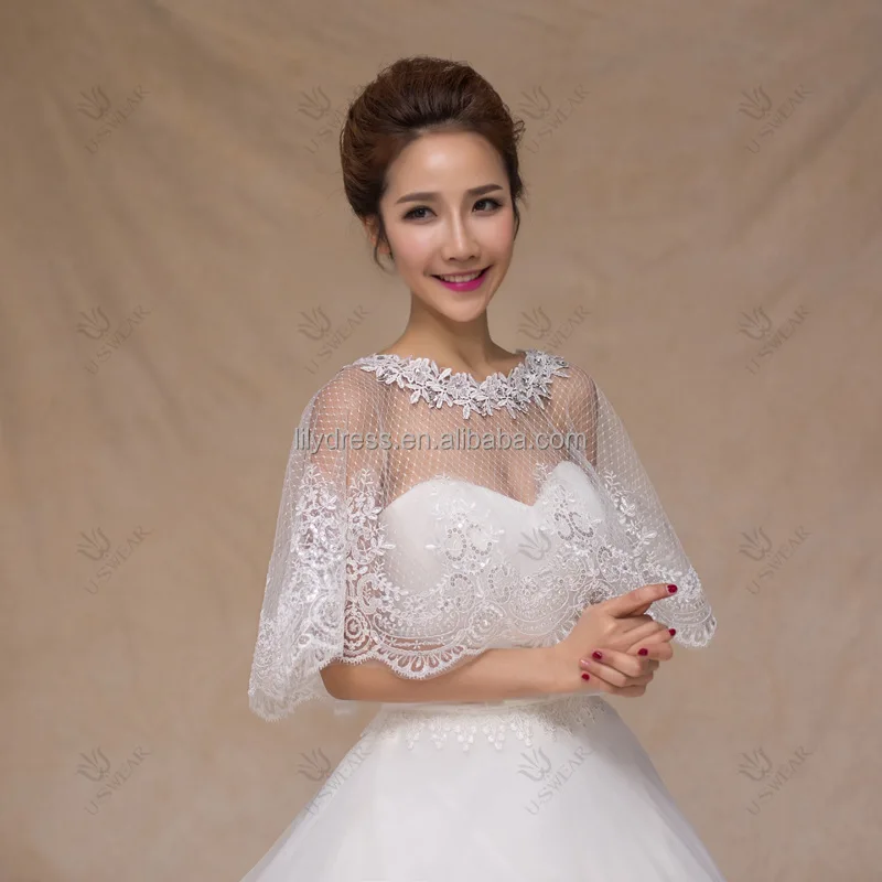 White Lace Round Lace Crystal Neck Brides Cape Bridal Bolero Wedding Jackets Summer Wear PJ1005 Etole Mariage