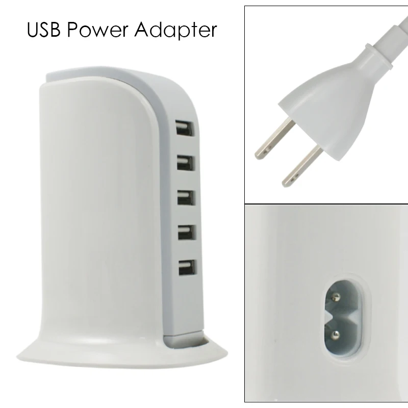 
White 30W USB Wall Adapter with Charging Cable 5 Ports USB Power Charger for Mobile Phone 