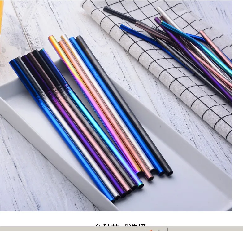 Reusable 304 Stainless Steel and Titanium Rainbow Drinking Straws with 8mm Diameter and Brush PC Material for Cups and Bars