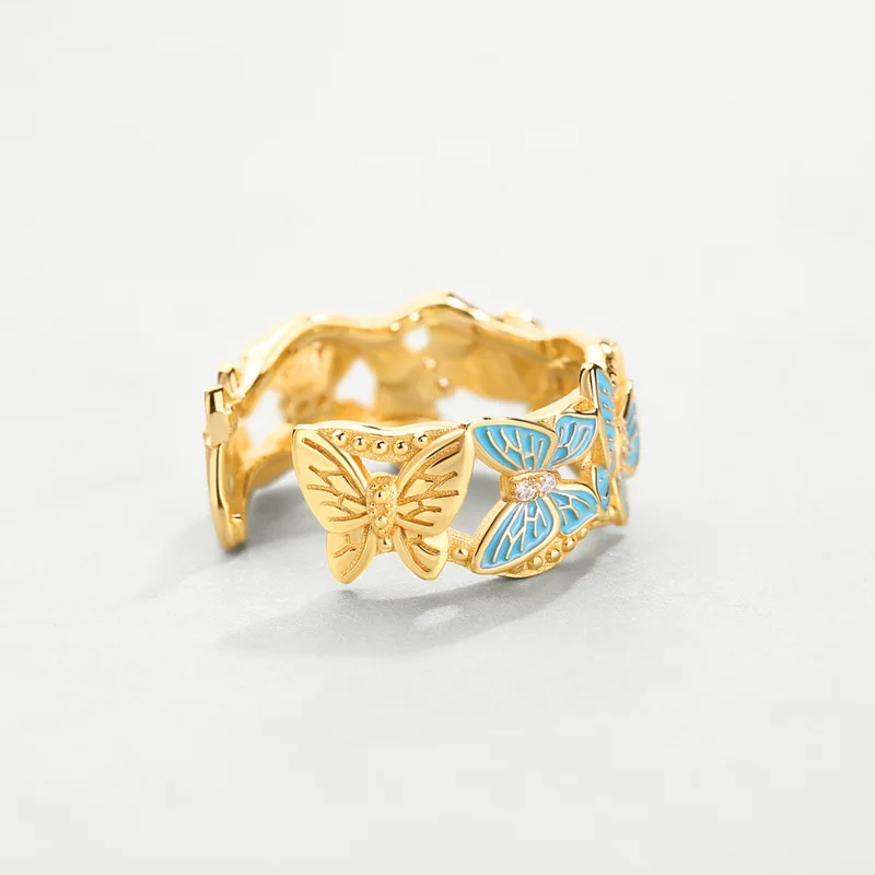Vintage design gold jewelry S925 Sterling silver handmade enamel butterfly ring